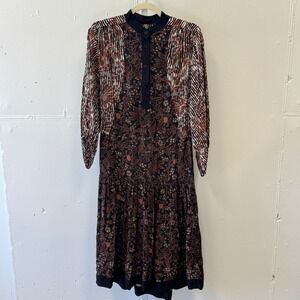 Warm NY Mixed Print Silk Viscose Midi Dress Brown Floral Stripe Size 0 Boho Fall